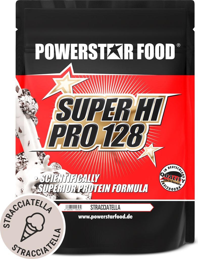 Powerstar SUPER HI PRO 128 | Mehrkomponenten Protein-Pulver 1kg | Höchste Biologische Wertigkeit | Protein-Shake zum Muskelaufbau | Stracciatella