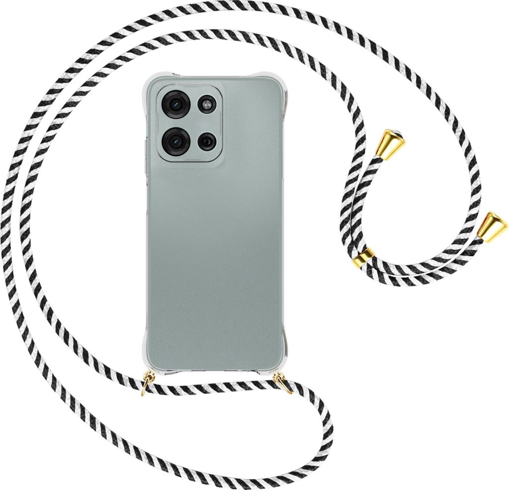 Handykette Backcover-Schutzhülle mit Band (Metall goldfarben) für Motorola Moto G Play 4G (2025) - schwarz/weiß gestreift