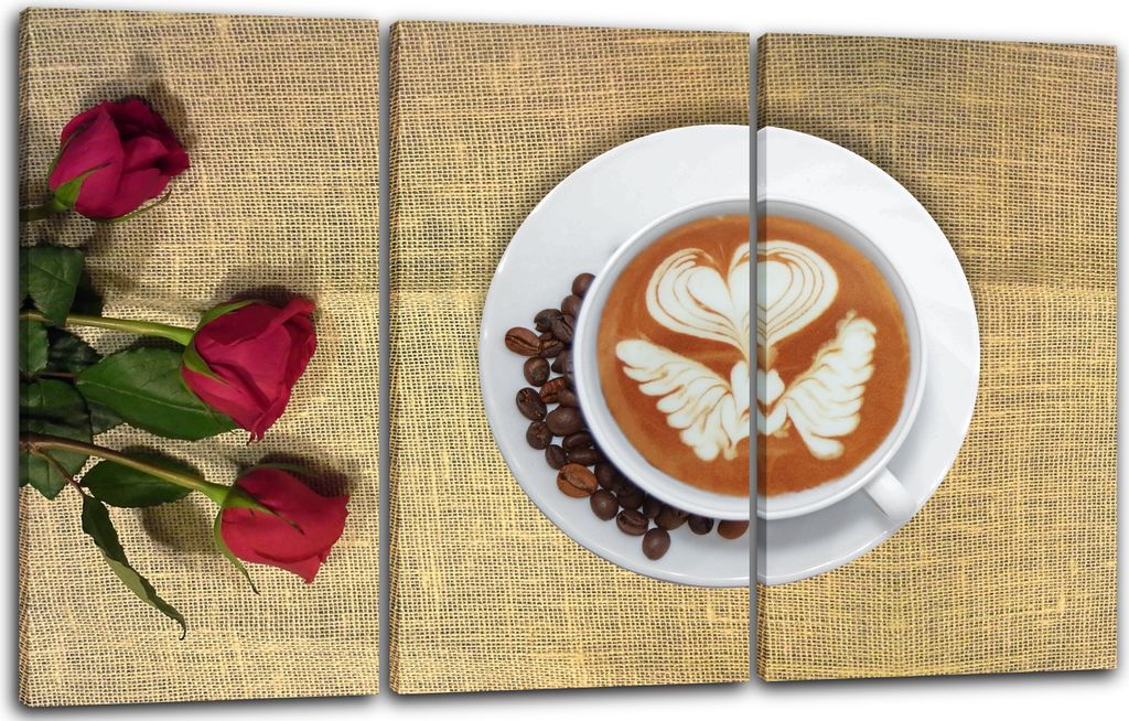 Leinwandbild 3-teilig (120x80cm): Wandbild Küchendeko Latte Art Cappuccino Kaffeebohnen Rosen, echter Holz-Keilrahmen inkl. Aufhänger, handgefert...