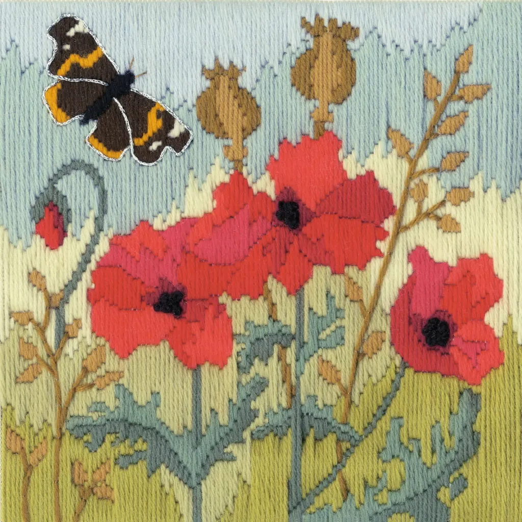 Broderie fleurs Red Poppies Bothy Threads kit point long décoratif 21cm