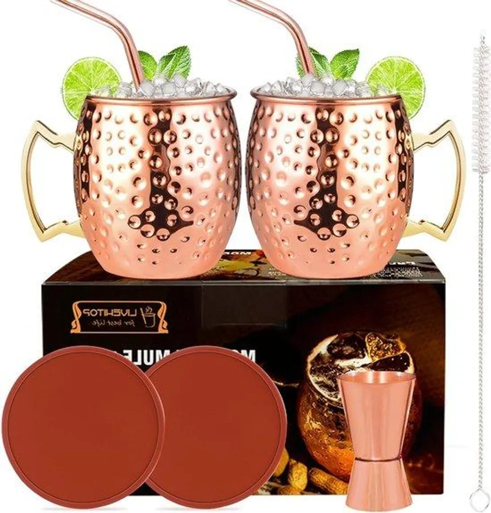 Verres à Cocktail en Cuivre 53cl - Set de 2 avec Sous-Verres et Pailles