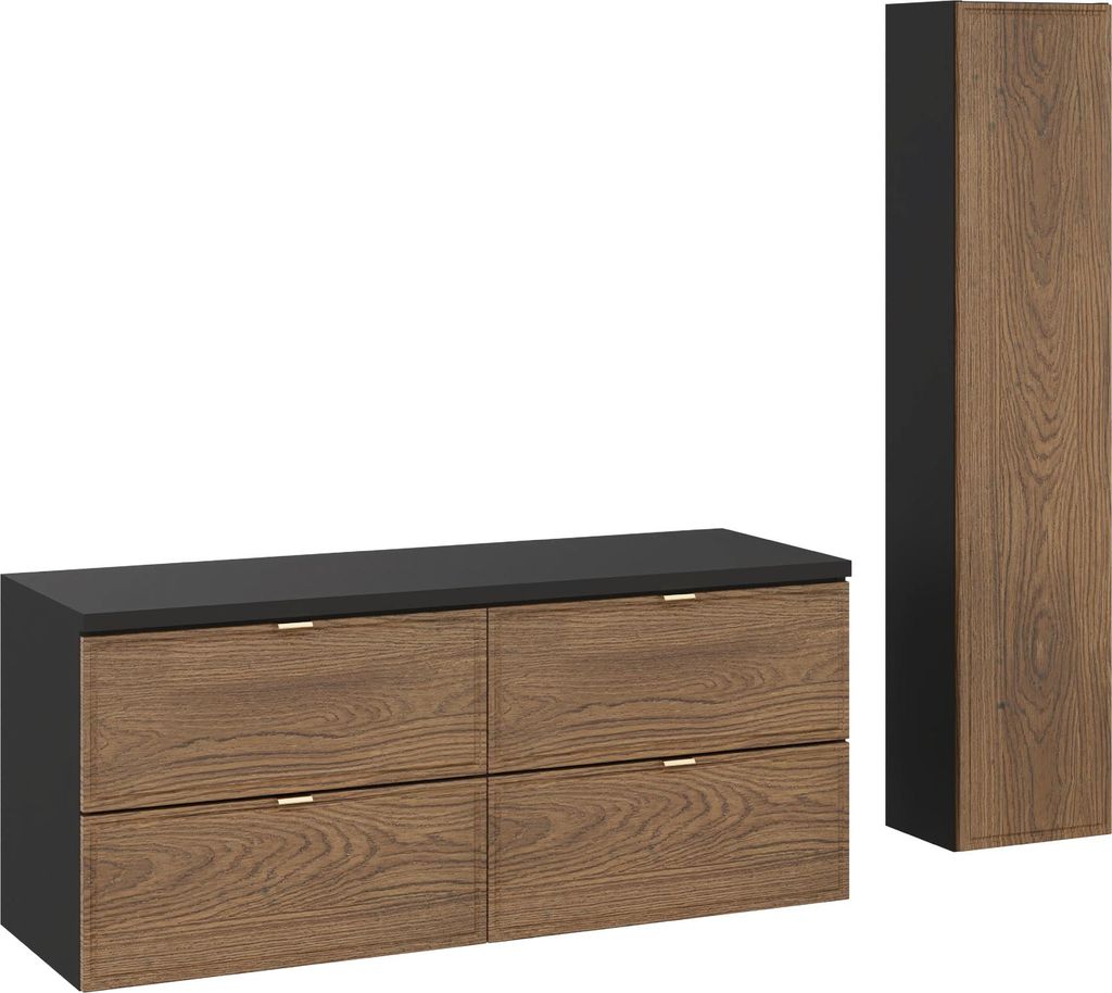 Badezimmerschrank 120 Cm Casella Eiche Mit Schwarzer Platte Und Pfosten