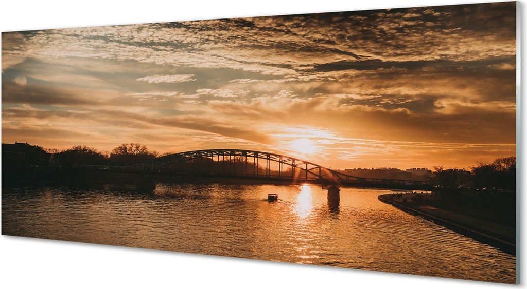 Glasbilder 125x50 Wandkunst Krakow Flussbrücke Sonnenuntergang