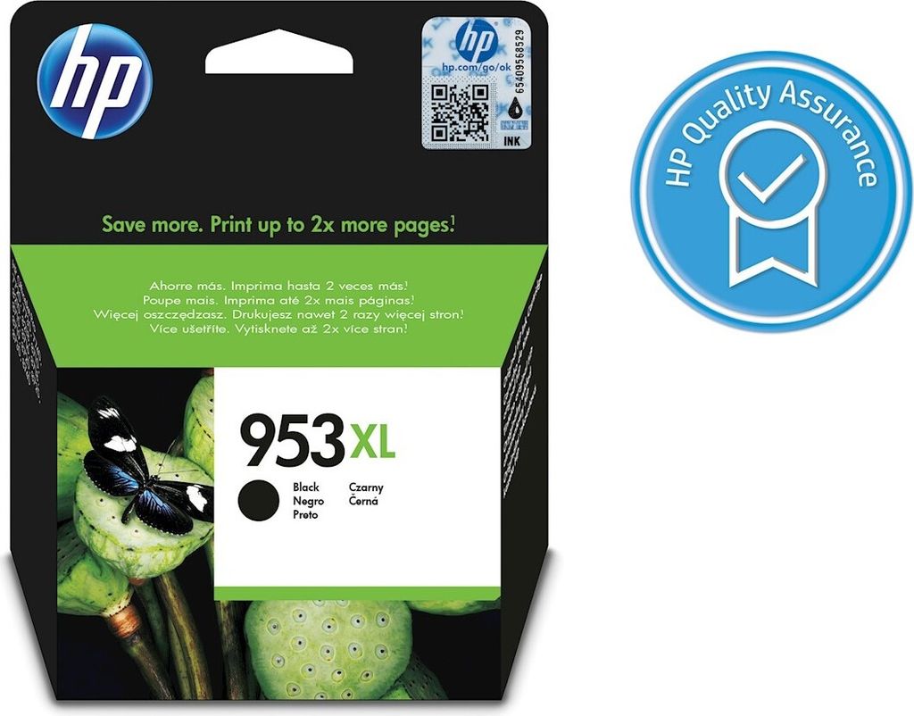 A product image of an HP ink cartridge box with a butterfly and lotus flower graphic.