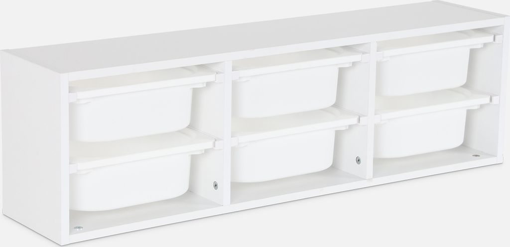 A white storage unit with six white plastic bins, arranged in two rows of three.