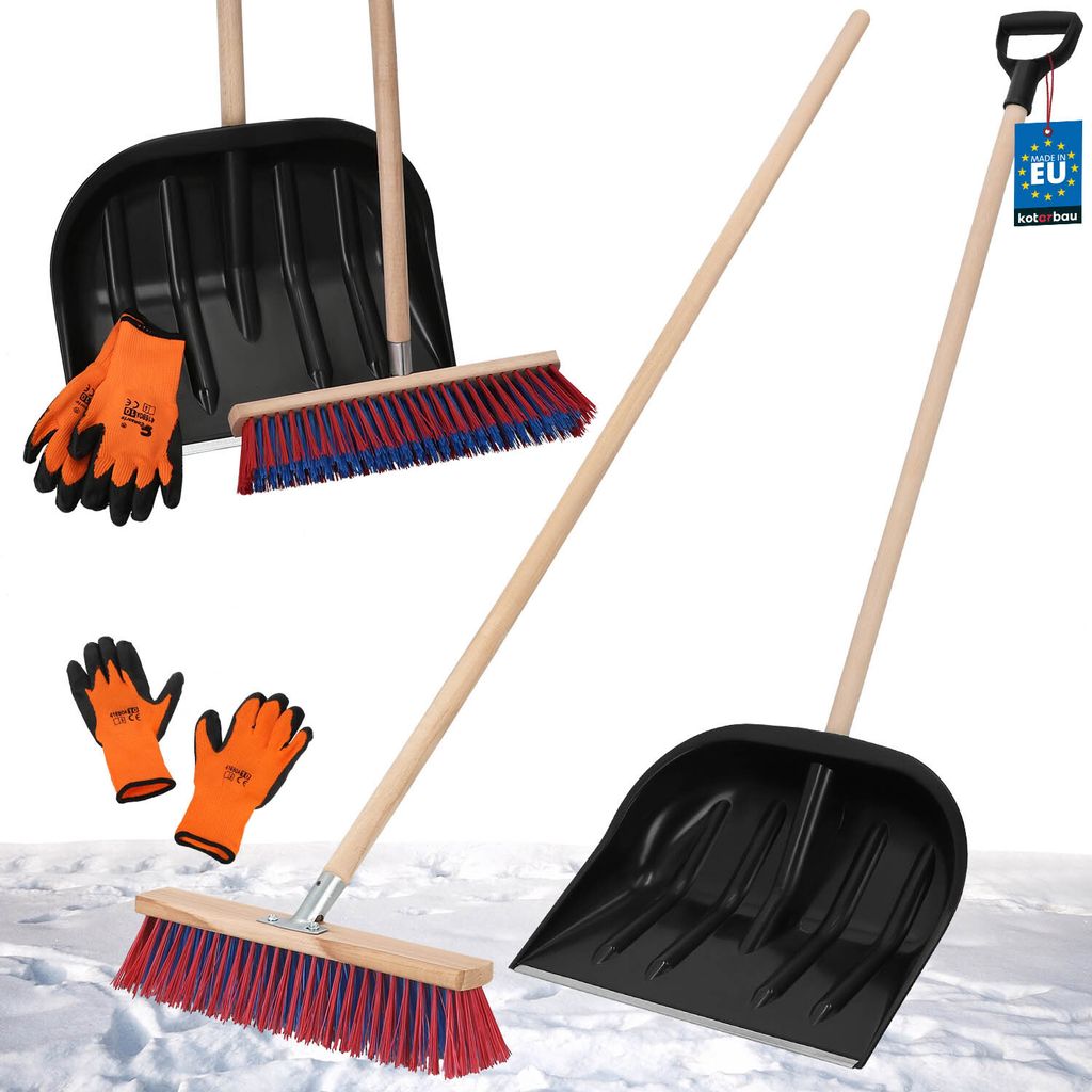 KOTARBAU Set Schneeschaufel mit Holzstiel 137 cm Straßenbesen 43 cm + Handschuhe Schneeschieber Snow Shovel Schneeräumer Gartenbesen mit Stiel ...