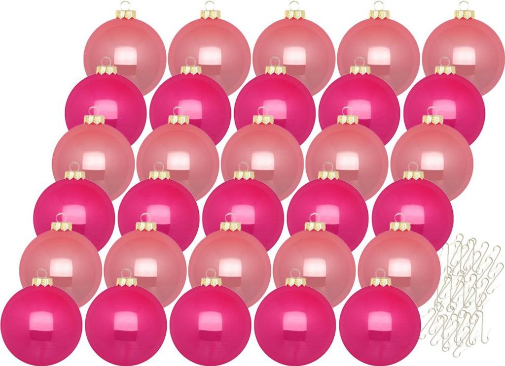 A collection of pink and magenta Christmas ornaments arranged in rows.