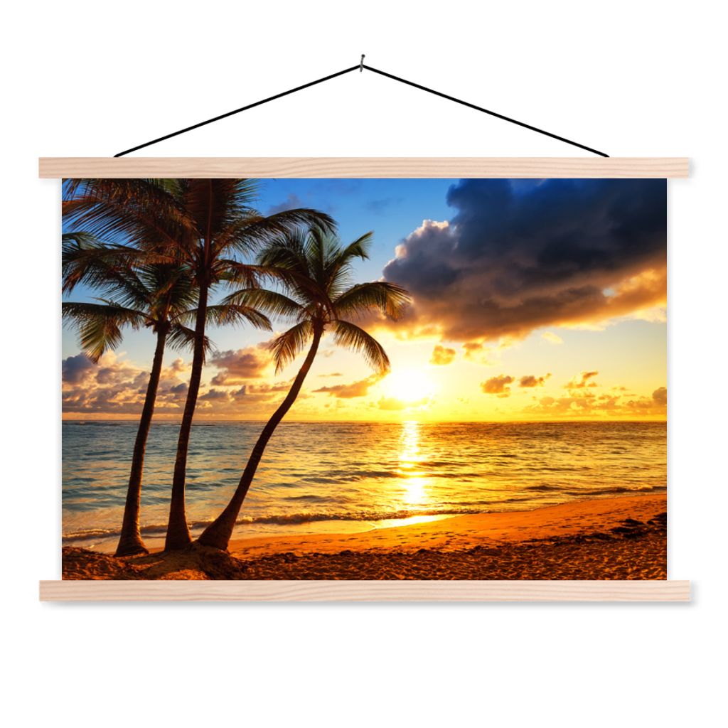 MuchoWow Textilposter Strand - Horizont - Sonnenuntergang - Palme - Meer 120x80 cm mit holzfarbenen Rahmen - Aufhängeset