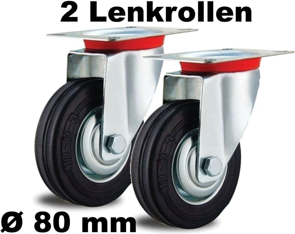 2 Lenkrollen 80mm lenkbar mit Kugelkranz Rollenlager Voll-Gummi Stahl-Felge 80