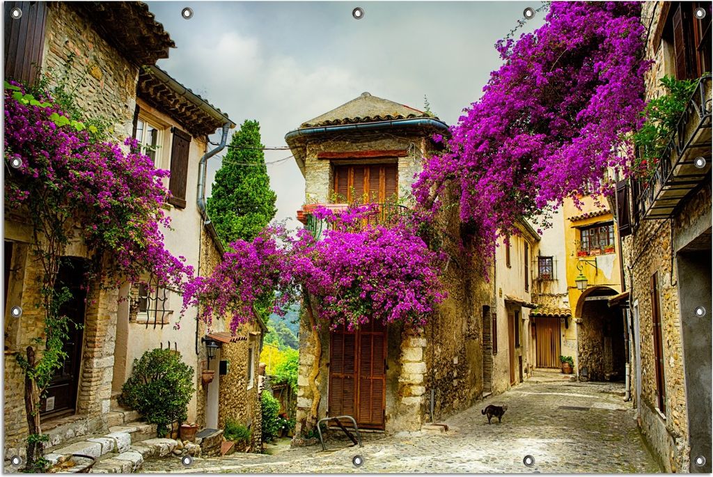 Wallario Outdoor-Poster für Garten oder Balkon, Motiv Malerische Stadt in der Provence mit bunten Blumen, in ca. 120 x 180 cm