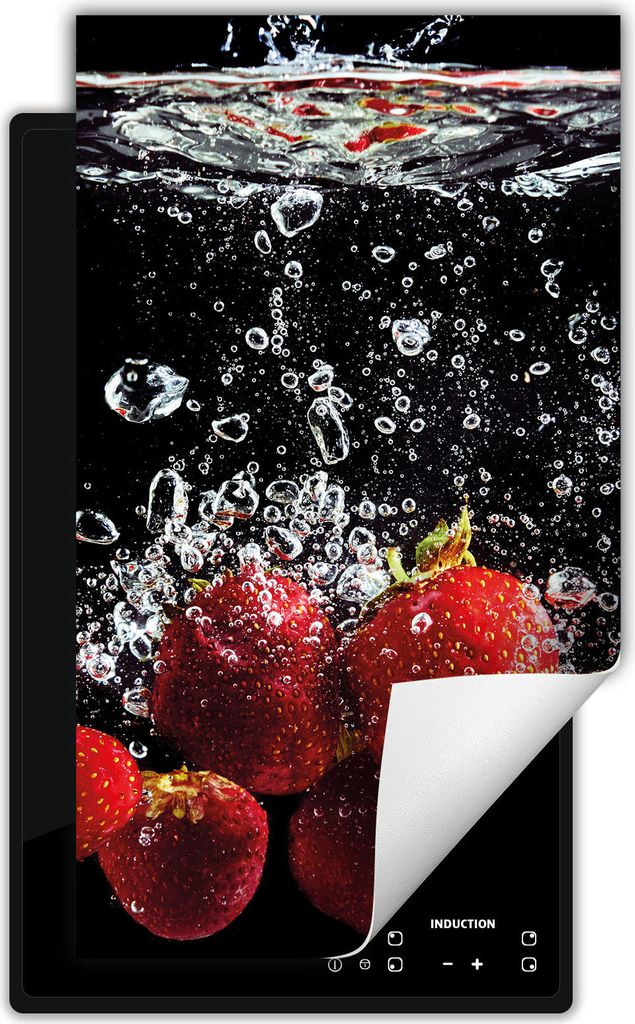 DarHaus Herdabdeckplatte 1 teilig 30x52 cm Anti Rutsch Matte Aufrollbar, schwarz - Erdbeeren