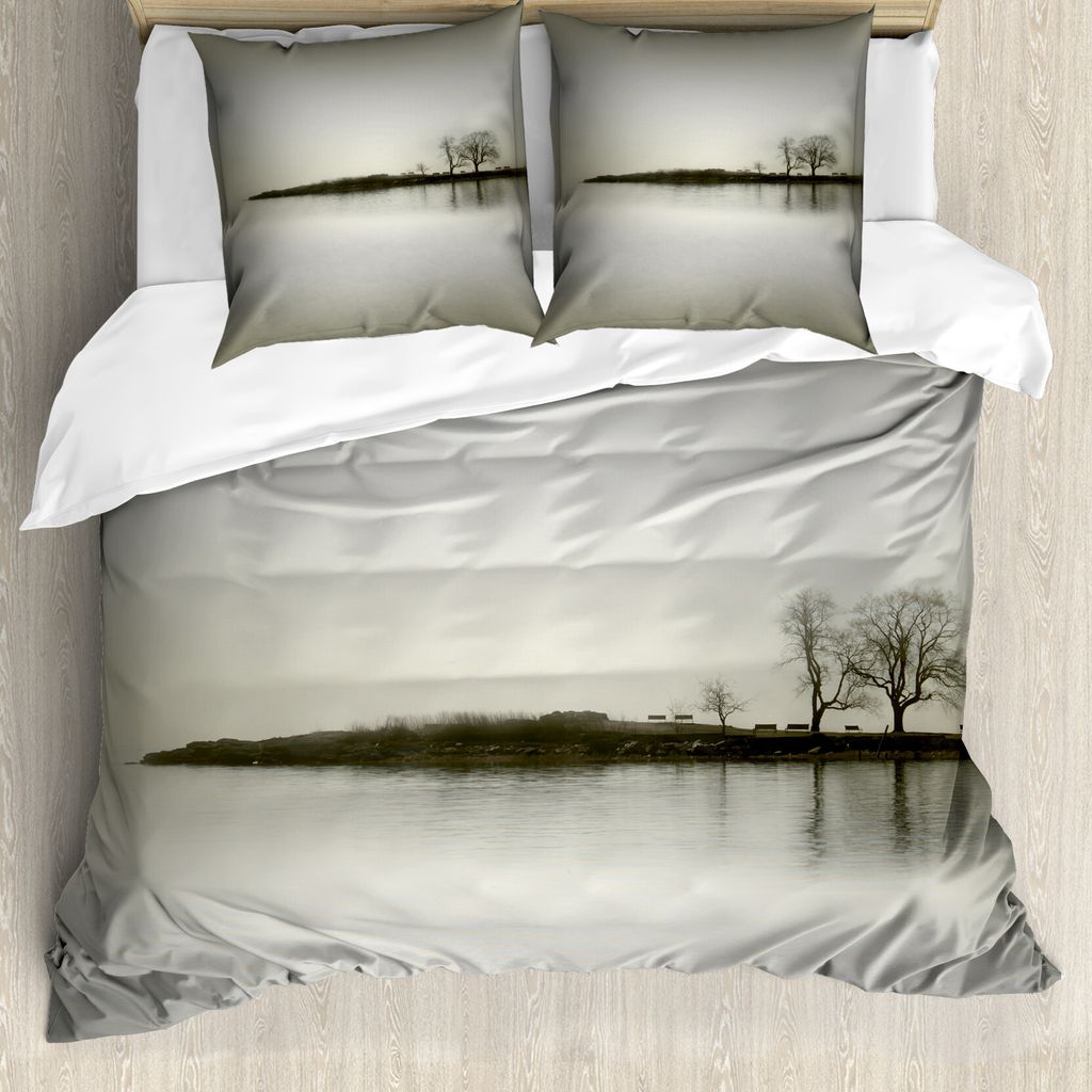 ABAKUHAUS Natur Bettbezug, Fall-Bäume auf der Insel, Milbensicher Allergiker geeignet mit Kissenbezügen, 200 cm x 200 cm - 80 x 80 cm, Sepia