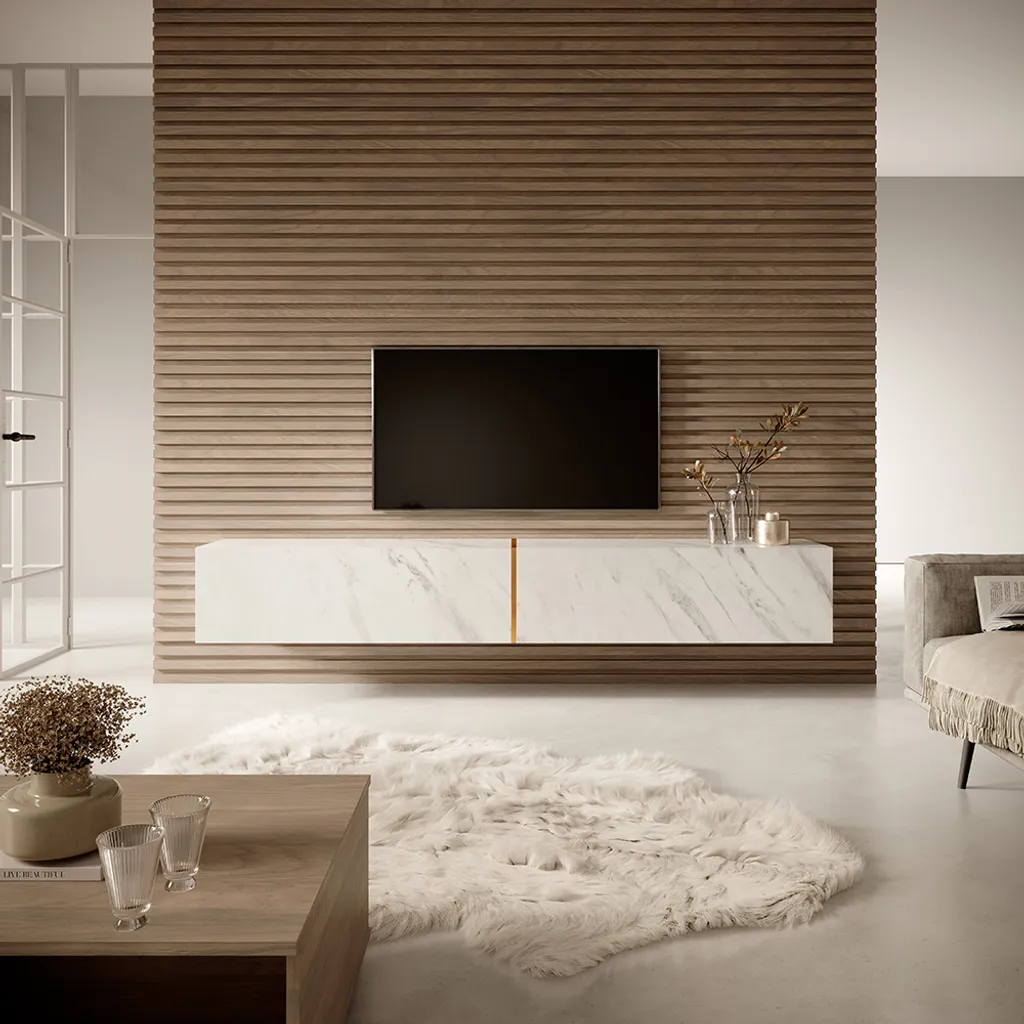 Selsey Meuble TV Suspendu BISIRA 200 cm - Effet Marbre Blanc et Doré