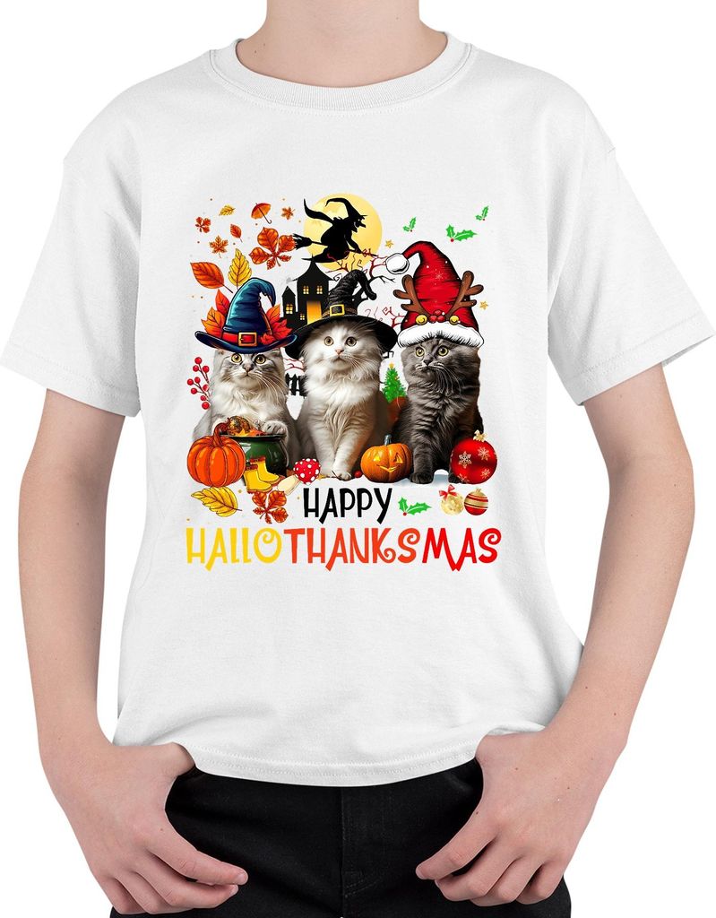 Happy Hallothanksmas Katzen Kürbis Hexenhut Weihnachten Geschenk Uni Kinder T-Shirt, Weiß, 128