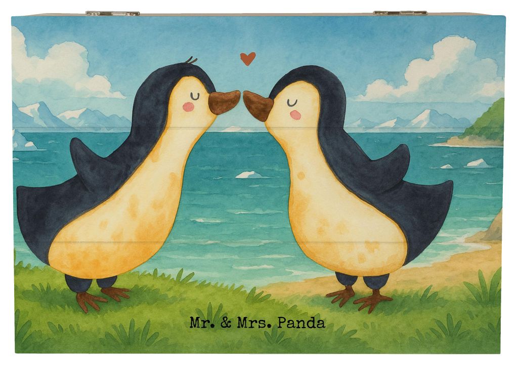 Mr. & Mrs. Panda Geschenkbox Pinguine Kuss Design 22 x 15 cm - Weiß - Geschenk, Mitbringsel, Hochzeitstag, Box, Valentinstag, Truhe, Freundin, fü...