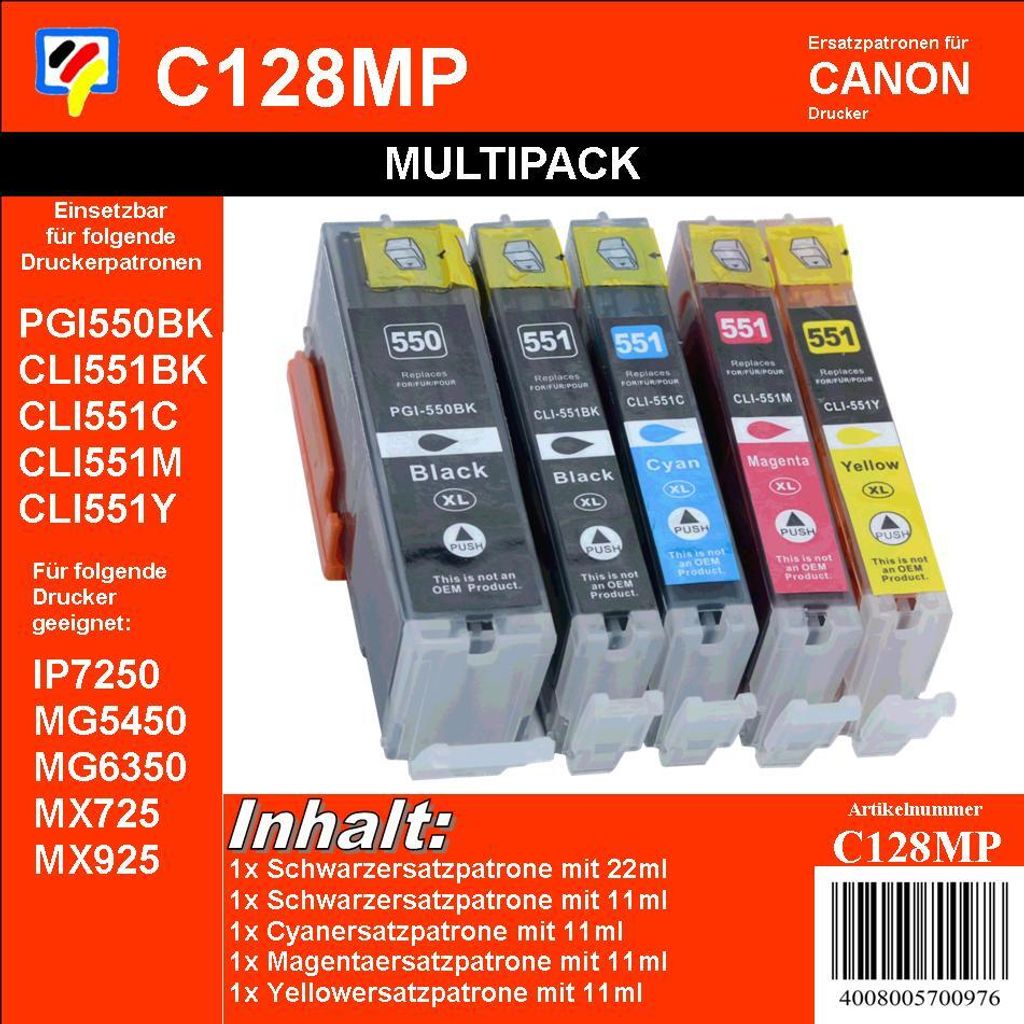 PGI550 / CLI551 Dr. Inkjet Multipack Ersatzdruckerpatronen -KCMYK- ersetzen PGI550 und CLI551