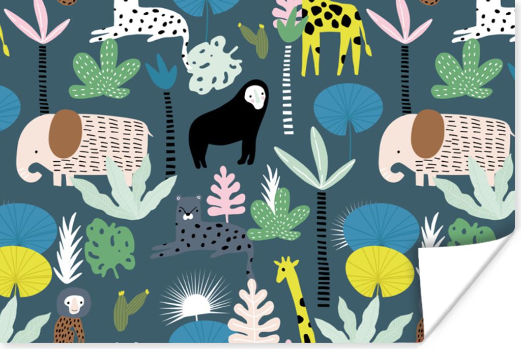 MuchoWow Poster Tiere - Pflanzen - Dschungel - Blau 120x80 cm - Bilder