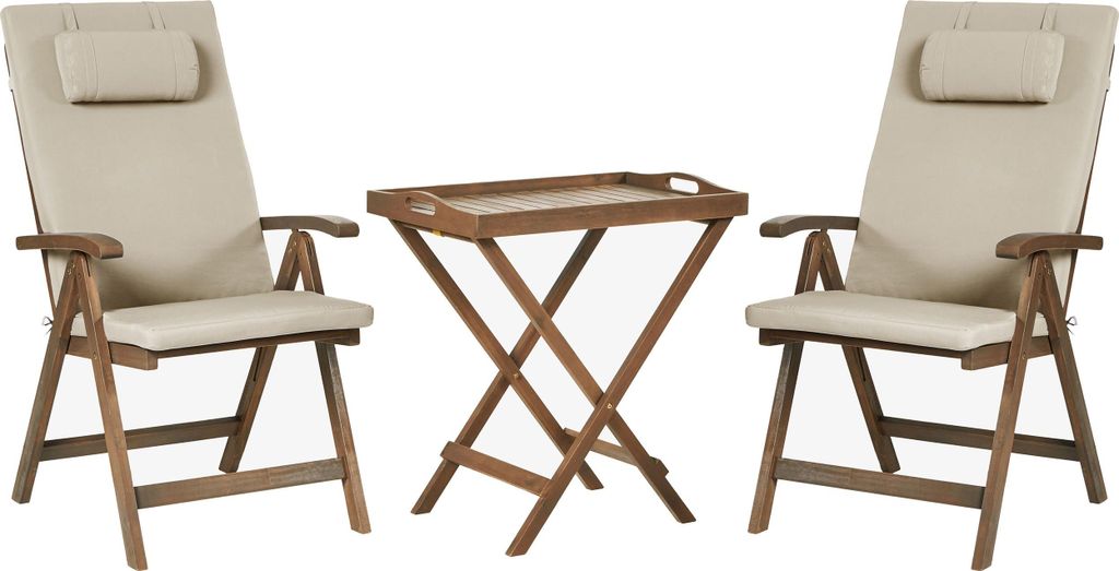 BELIANI Balkonset Dunkelbraun und Taupe Akazienholz 3-Teilig Klappbar Verstellbar mit Auflagen Abnehmbare Tischplatte Modern Terrasse Garten Holzm...