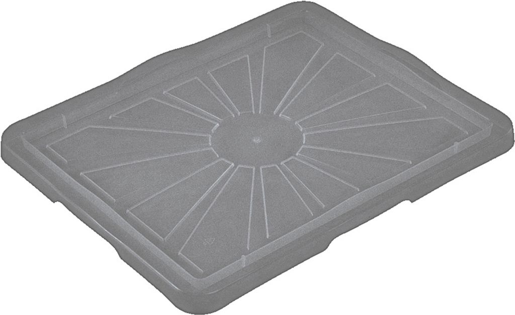 A close-up, angled view of a transparent gray plastic lid for a storage box.