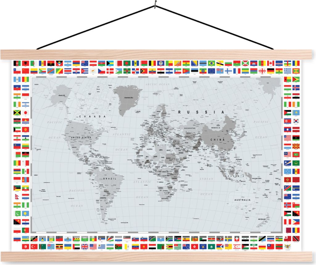 MuchoWow Textilposter Weltkarte - Flagge - Schwarz - Weiß 60x40 cm mit holzfarbenen Rahmen - Bilder