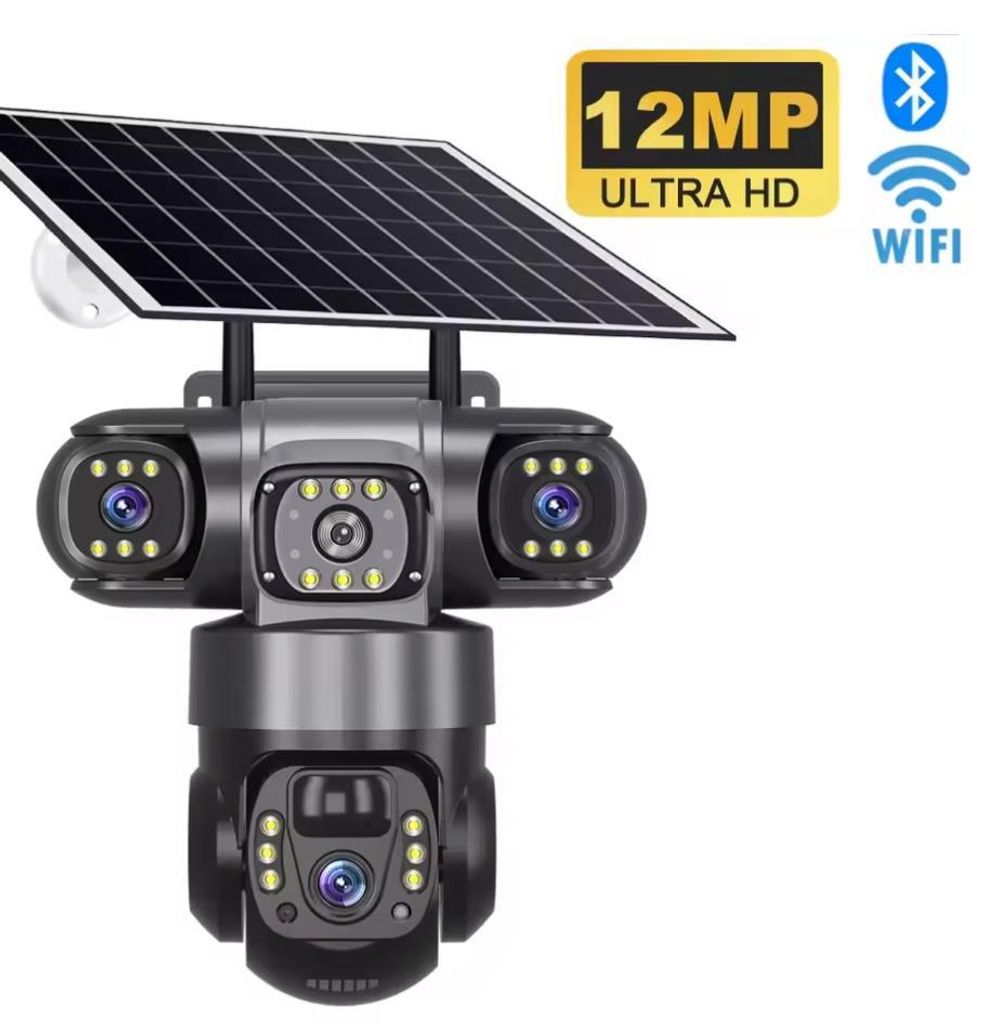 12 MP HD-Solar-Außenkamera mit 3 Objektiven, 3 Bildschirmen, 10-fachem Zoom, CCTV-Nachtsicht, IP66-Wasserdichtigkeit, PIR-Personenerkennung