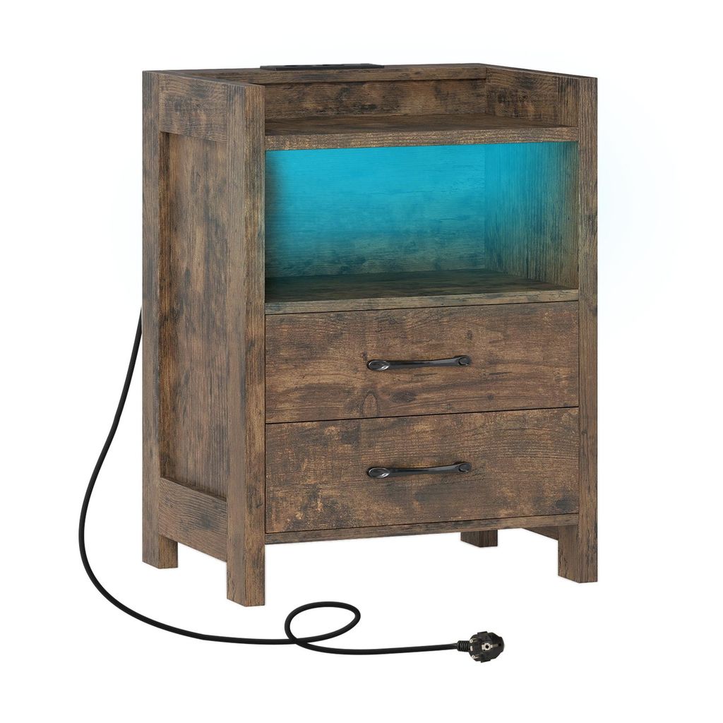 A brown wooden nightstand with two drawers and an open shelf illuminated by blue LED lights, with a black power cord extending from the side.