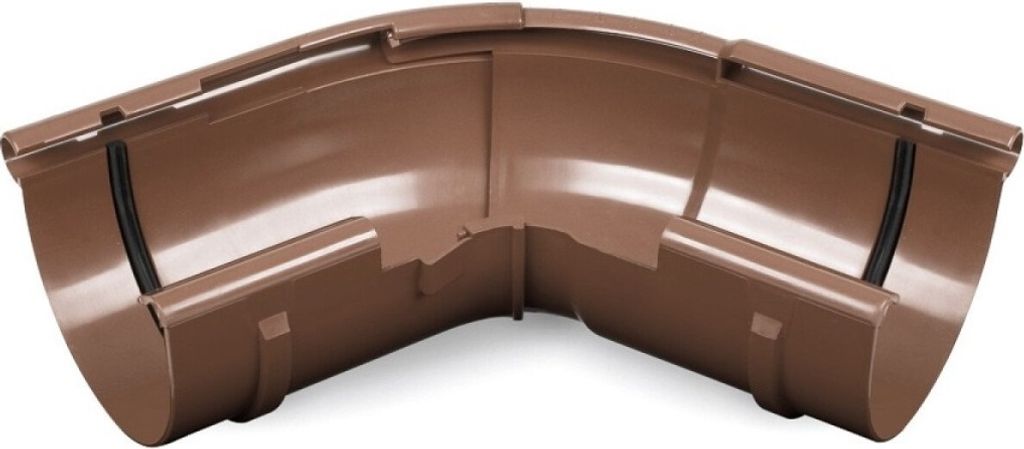 A brown plastic gutter corner piece, shown from a slightly elevated angle against a white background.