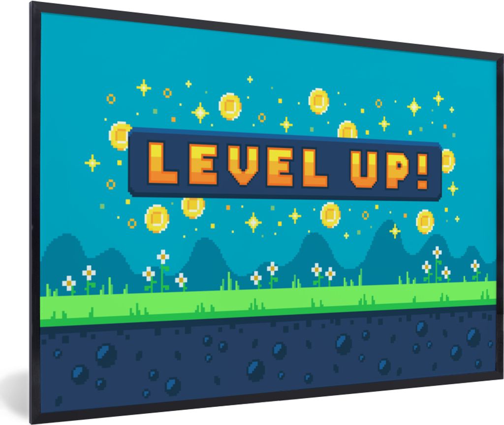 MuchoWow Gerahmtes Poster Spiele - Landschaft - Pixelart 60x40 cm - Poster mit Schwarzem Bilderrahmen Wandposter Rahmen Foto Bilder - Printing - ...