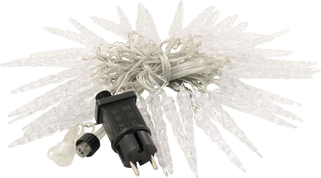 A string of icicle-shaped LED lights with a power plug.