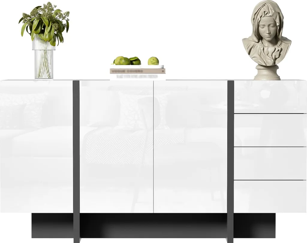 Bahut moderne laqué blanc 120cm, rangement design 2 portes 4 tiroirs