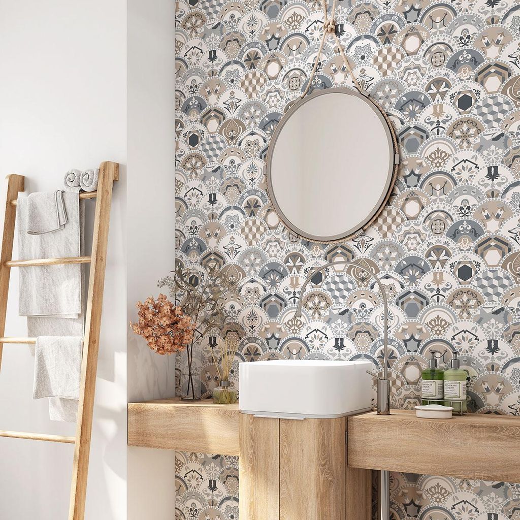 Klebefolie für Badezimmer - Lumaléa - Zementfliesenmuster - Klebefolie + GLANZ-Schutz - 80 x 80 cm