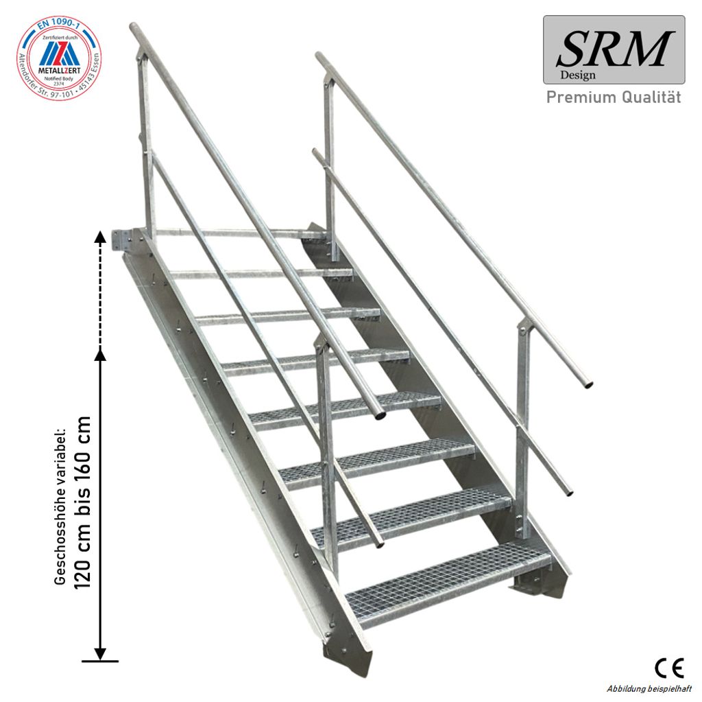 8 Stufen Stahltreppe beidseitig. Geländer Breite 150cm Geschosshöhe 120-160cm