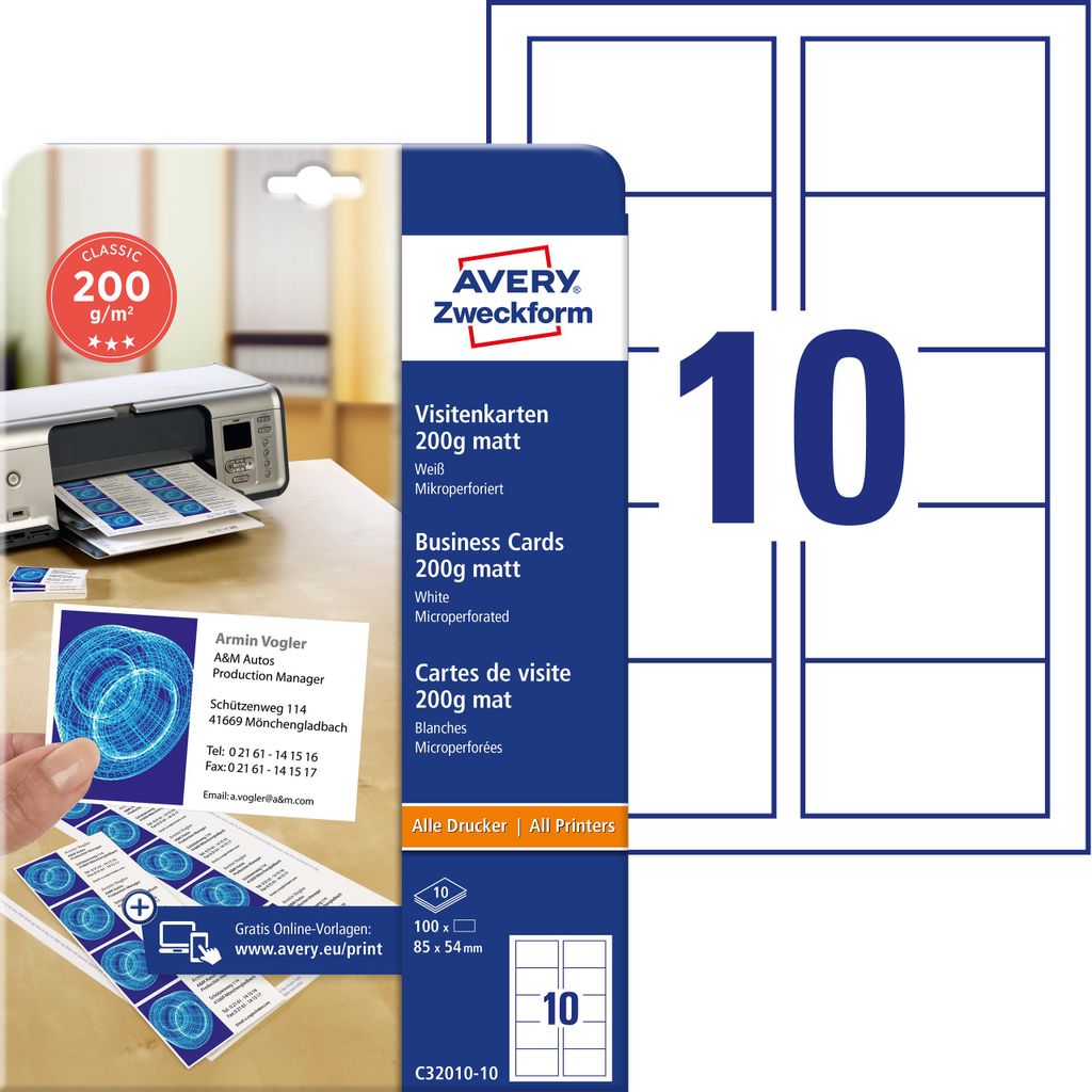 Avery Zweckform C32010-10, Classic Visitenkarten, 85 x 54 Produktbild 