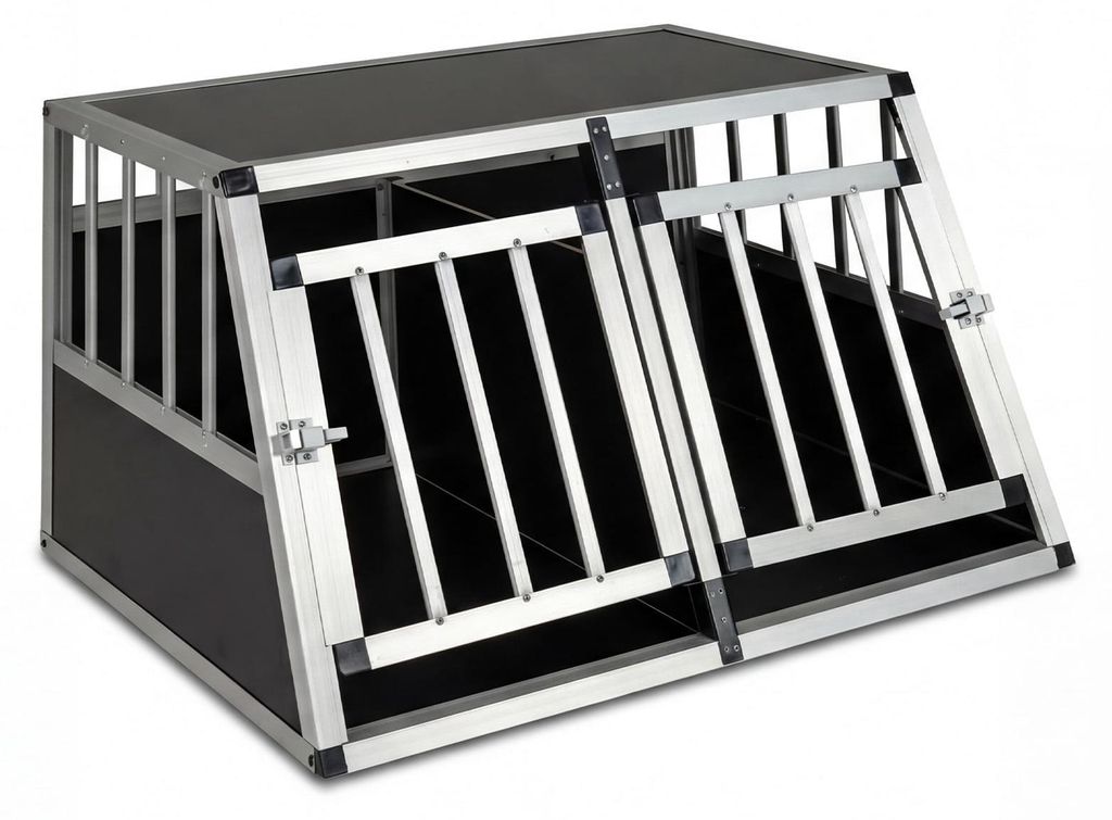 Hunde-Reisebox aus Aluminium mit abschließbaren Türen und Trennwand