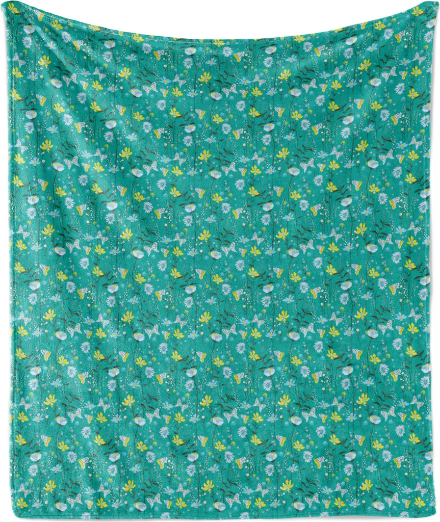ABAKUHAUS Coperta in morbido pile di flanella, fiori selvatici e farfalle, comodo peluche per interni ed esterni, 125 x 175 cm, verde acqua scuro e multicolore