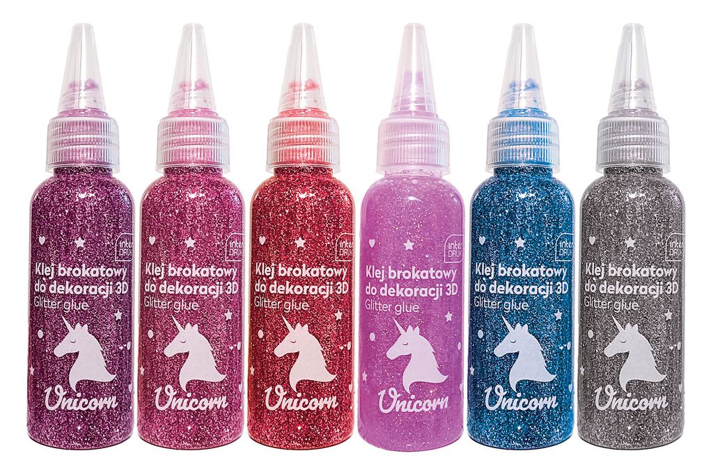 6x Interdruk Glitzerkleber 3D Einhorn in 6 Glitterfarben a 50ml