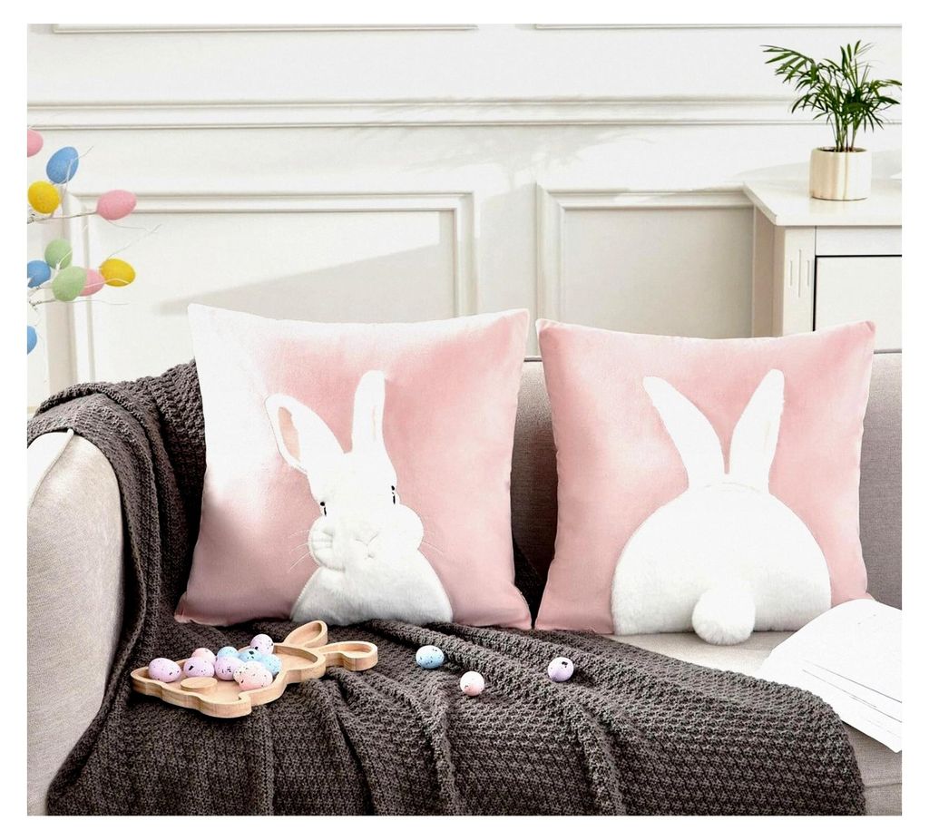 2 Stück Kissenbezug Hase Ostern Dekoration, Frühlingshafte Zierkissenhülle mit 3D bestickter Hase-Applikation, 45 x 45 cm