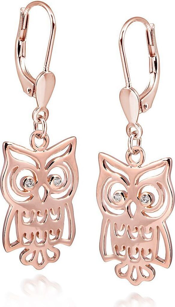 MATERIA Zirkonia Brisuren Ohrringe Eulen Rosegold GUFO - 925 Silber Ohrhänger vergoldet inkl. Schmuckschachtel #SO-247