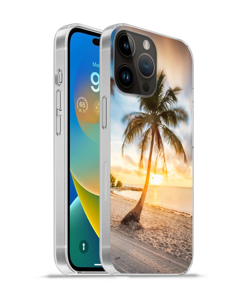 MuchoWow Handyhülle Schutzhülle Hülle für Apple iPhone 14 Pro - Softcase Sonnenuntergang - Strand - Palme Silikon Softcase Handy Hülle - Ums...