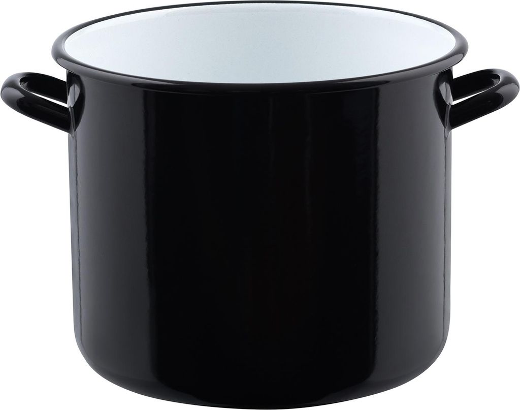 A black enamel pot with white interior and handles, shown from a slightly elevated front-side angle against a white background.