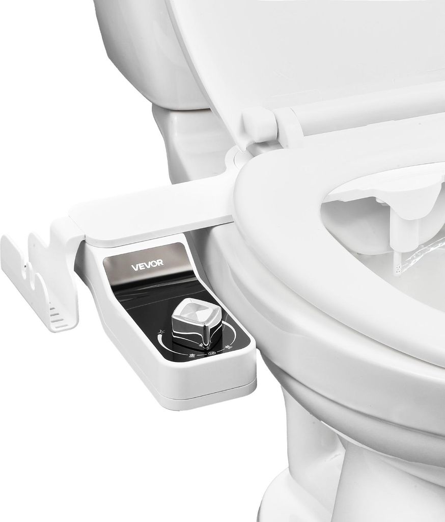 A bidet toilet seat attachment is installed on a toilet bowl.