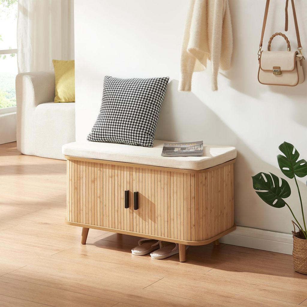 Schuhschrank mit Sitzkissen ‘Tvedestrand’ mit 2 Türen 50 x 80 x 40 cm Bambus / Beige