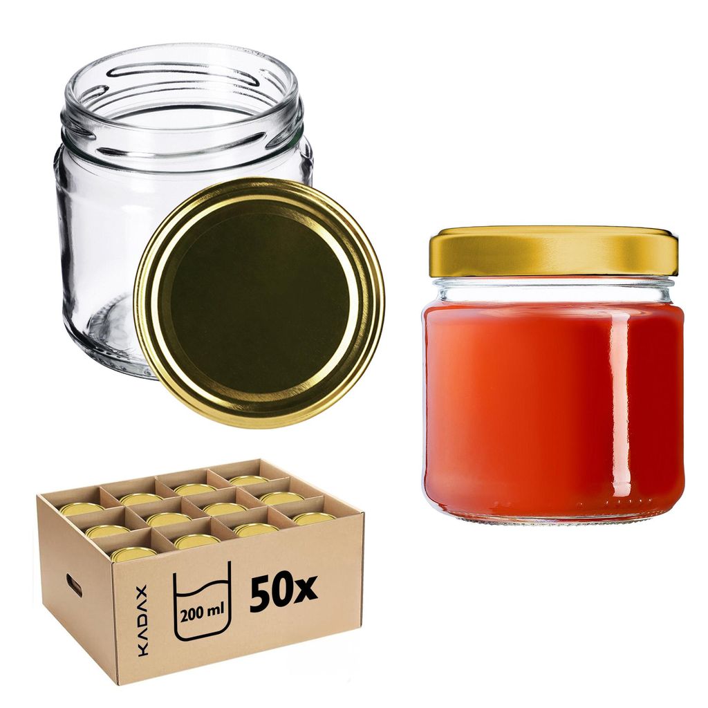 A collage of glass jars, a box of jars, and a single jar filled with red liquid.