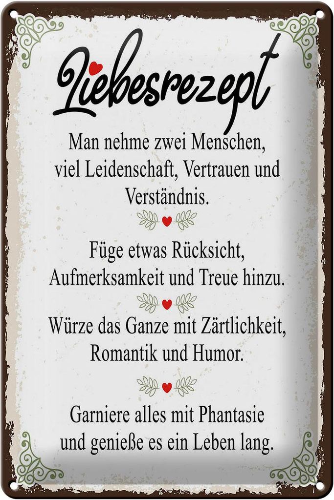 Blechschild Liebesrezept nehme 2  Menschen Retro, 30 x 20 Produktbild 