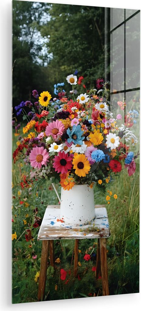 MuchoWow Glasbilder - Bilder auf Wandbild - Foto auf Glas Blumen - Hocker - Gießkanne - Feld 60x120 cm Wanddekoration aus Glas - Acrylglasbild - A...