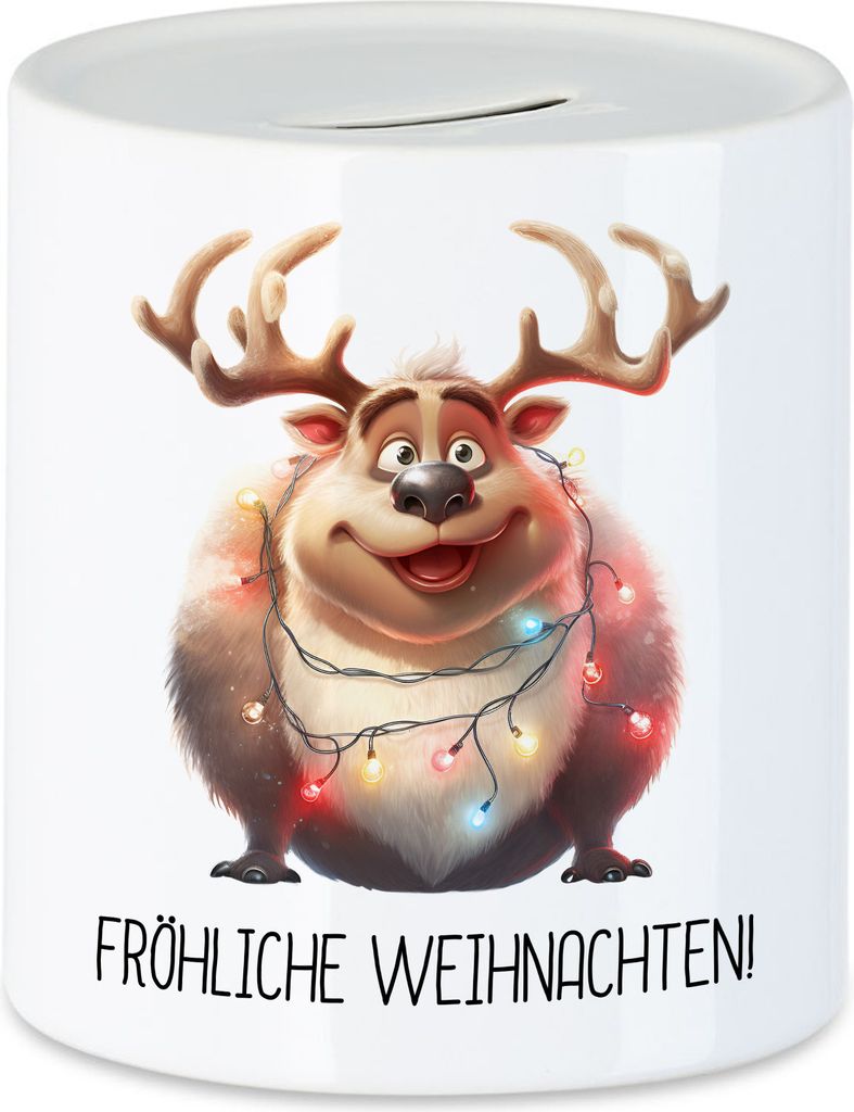 Fröhliche Weihnachten Lustiges Rentier Spardose Lichterkette Adventsgeschenk