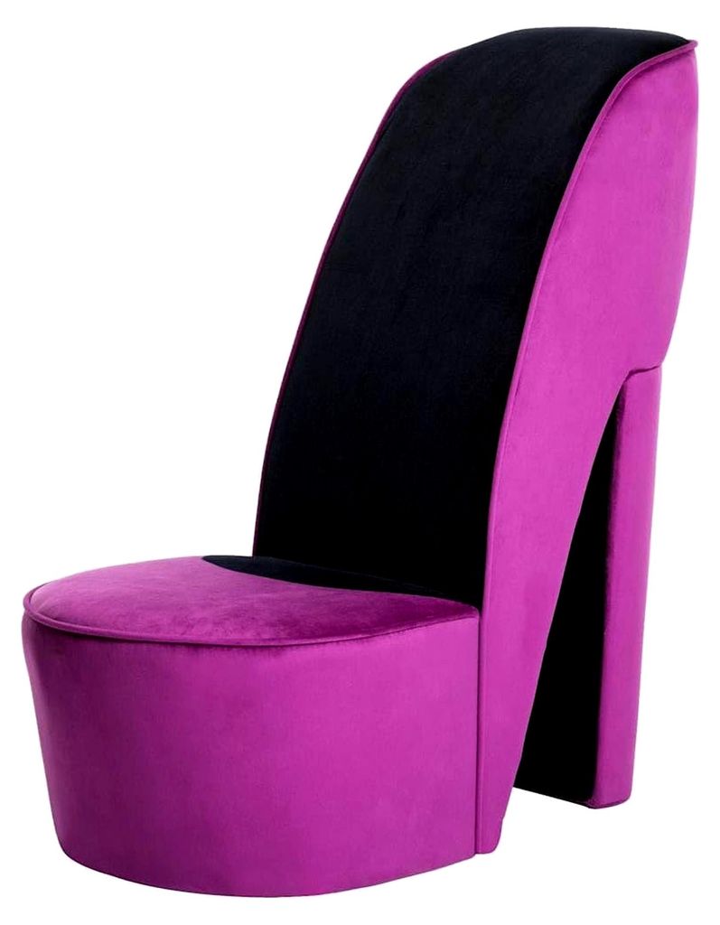 Schuhsessel im High Heel Design, Polstersessel für Wohnzimmer und Lounge, Relaxsessel in Lila Samt