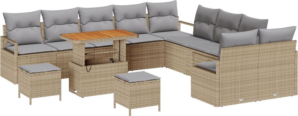 Möbel 13-teiliges Garten-Sofa-Set mit Kissen Beige Poly Rattan Akazie, 2-Sitzer Garten-Sofa mit Kissen Beige Poly Rattan, 3-teiliges Garten-Dining...