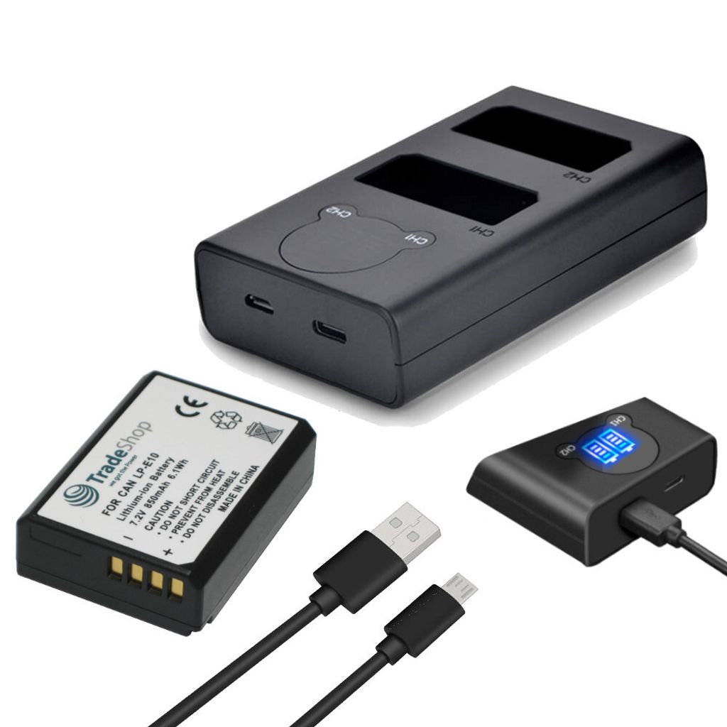 2in1 Set: Akku + USB-C Doppel Akku Dual LCD Schnell-Ladegerät für 2 Akkus ersetzt Canon LC-E10 für Canon LP-E10 EOS 1100D 1200D 1300D 2000D 4000D