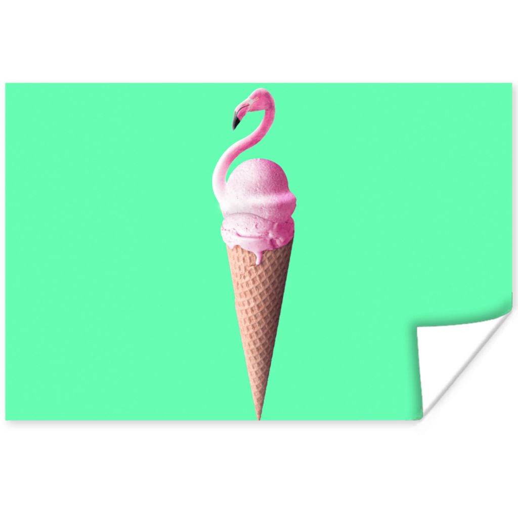 MuchoWow Poster Eistüten - Eiscreme - Flamingo - Rosa - Grün 30x20 cm - Plakate - Print